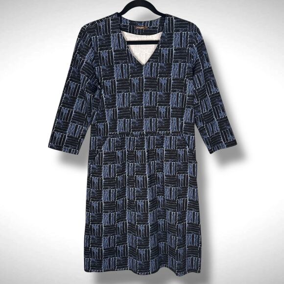 J. McLaughlin Size L V-Neck Sheath Dress Blue Black Abstract Check Print Stretch - Picture 2 of 8
